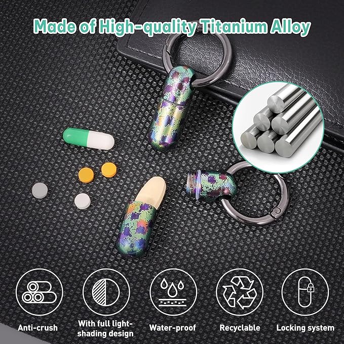 Titanium Keychain Pill Holder,Waterproof Mini Pill Case,Portable Small Pill Container for Travel,Purse,Pocket(Graffiti)