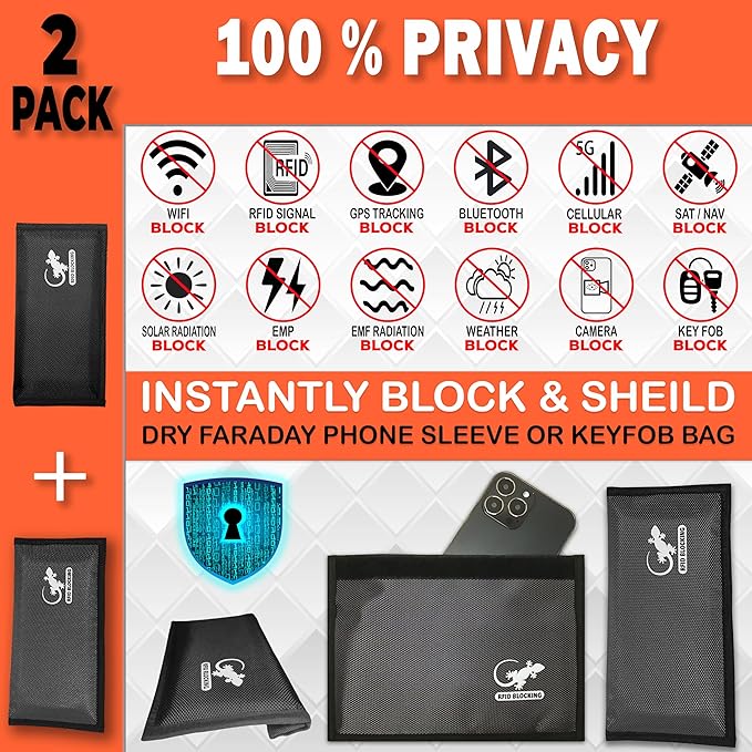 Faraday Bag Anti-Tracking GPS RFID Car Key Signal Blocker Wallet Shielding Pouch Protective Case for Cell Phone Car Key FOB, Data Privacy, Electronic Device Security (2 Pack - Black and Gray)