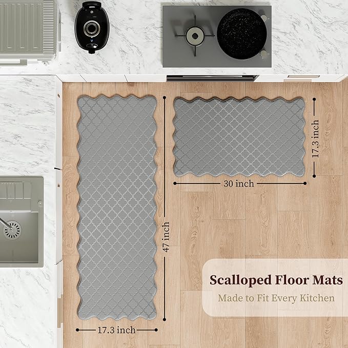 Upgrade Scalloped Embossed Kitchen Mats for Floor 2PCS Cushioned Anti Fatigue Waterproof Foam Kitchen Rugs Non Slip Washable Comfort Standing Mat for Office Sink Laundry, Gray