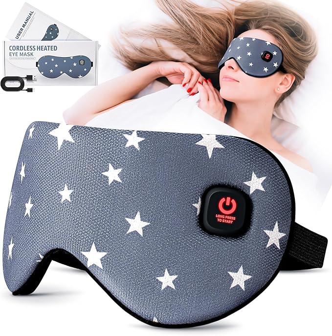 Heated Eye Mask-Cordless Warm Eye Compress Heated Eye Mask for Dry Eyes, Blepharitis,Light Blocking Heat Eye Mask for Men Women, Electric Warm Eye Mask for Airplane Sleeping for Travel (Gray Star)