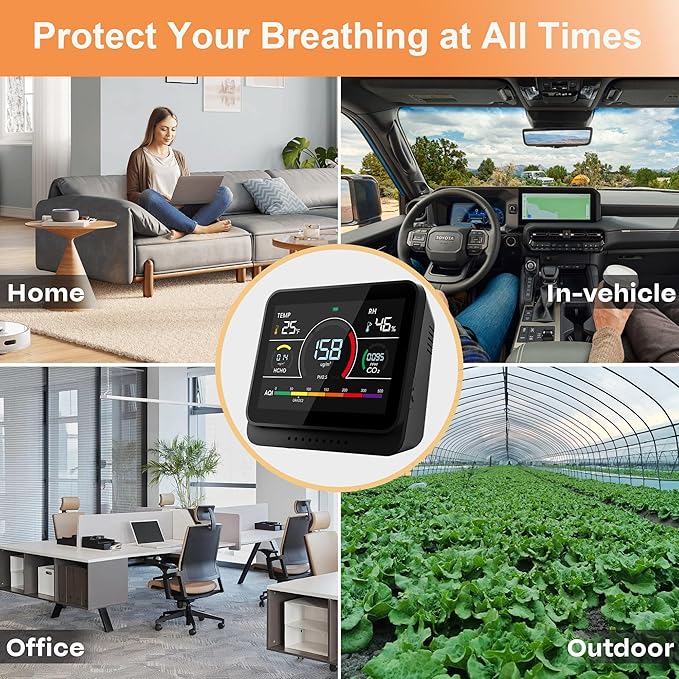 13 in 1 Portable Air Quality Monitor Indoor for Home, Car and Office Air Quality Tester for 6AQI,HCHO, PM2.5, PM1.0, PM10, CO2 Detector Air Quality Meter with Temperature, Humidity (Black)