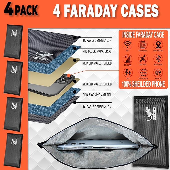 4 Faraday Bag Anti-Tracking GPS RFID Car Key Signal Blocker Wallet Shielding Pouch Protective Case for Cell Phone Car Key FOB, Data Privacy, Electronic Device Security (4 PACK - GRAY)