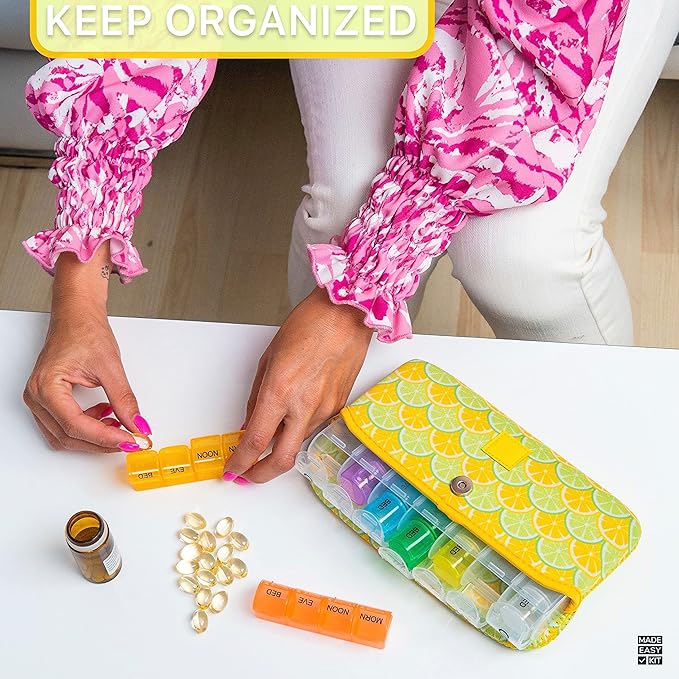 Made Easy Kit Pill Case Large 7-Day / 28 Compartments in Neoprene Carrier with Storage Pill Box in Daily in Morn, NOON, EVE, Bed a Weekly Vitamin, Medicine, Capsule Organization (Lemon & Lime)