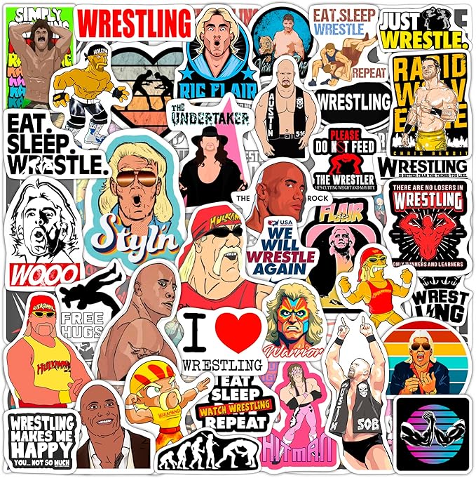 BulbaCraft 100Pcs Wrestling Stickers and Decals for Water Bottles, Wrestling Birthday Party Decorations, Gifts for Wrestlers, Gifts for Women & Men