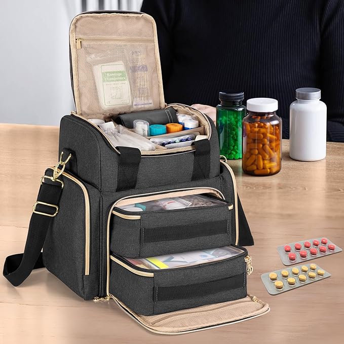 LUXJA Large Medicine Bag with 2 Removable Cases, Medicine Storage Bag with Multiple Storage Sections (Suitable for Travel or Home), Black
