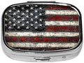Pill Box-2 Compartment Small Pill Case Square Organizer Case with Mirror Portable Metal Medicine Box Travel Container for Pocket & Purse Women Men(Vintage American Flag)