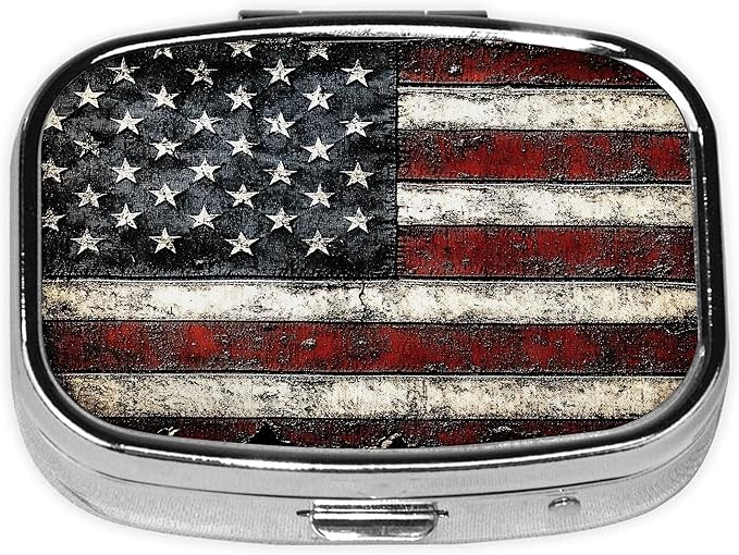 Pill Box-2 Compartment Small Pill Case Square Organizer Case with Mirror Portable Metal Medicine Box Travel Container for Pocket & Purse Women Men(Vintage American Flag)