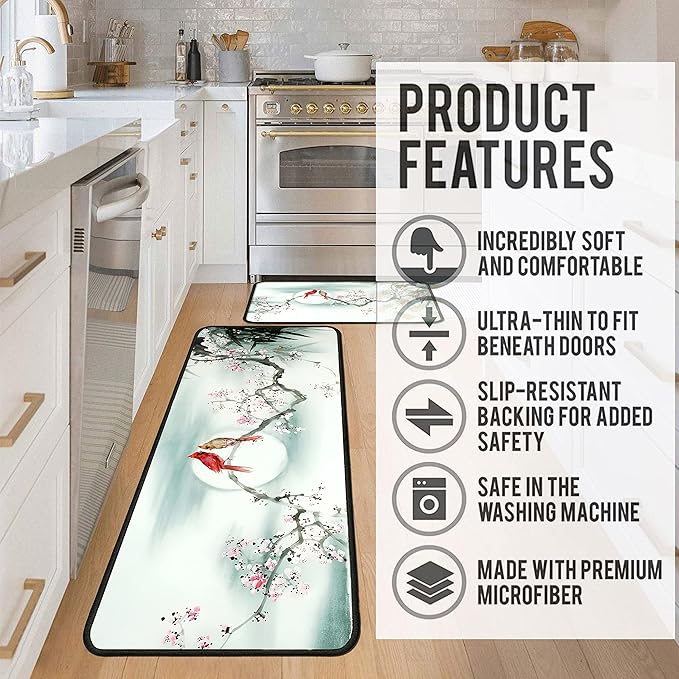 Cardinal Kitchen Rugs 2 Piece Set for Floor Mat, Rug With Birds Non Skid Washable Absorbent Cardinal Kitchen Mat for in Front of Sink for Standing for Home Cardinal Kitchen Decor 17"X30"+17"X47"