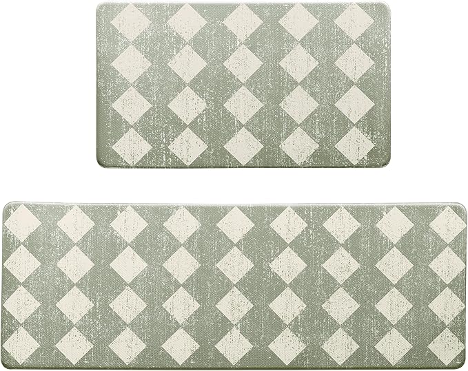 Sage Beige Moroccan Trellis Checkered Kitchen Rug Sets [2 PCs], Anti-Fatigue, Waterproof Non-Slip Kitchen Mats Heavy Duty Ergonomic Comfort Foam Rug for Floor, Home, Laundry,17"x29"+17"x47"