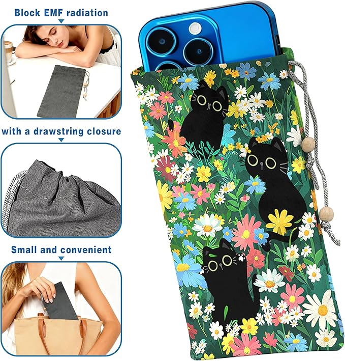 EMF Shield Sleeve for Cell Phone Reduce Signal Anti-EMP Pouch Against Radiation, EMF, 5G, RFID Blocking 4x8 Inch Black Cat Floral Phone Sleeve Bags