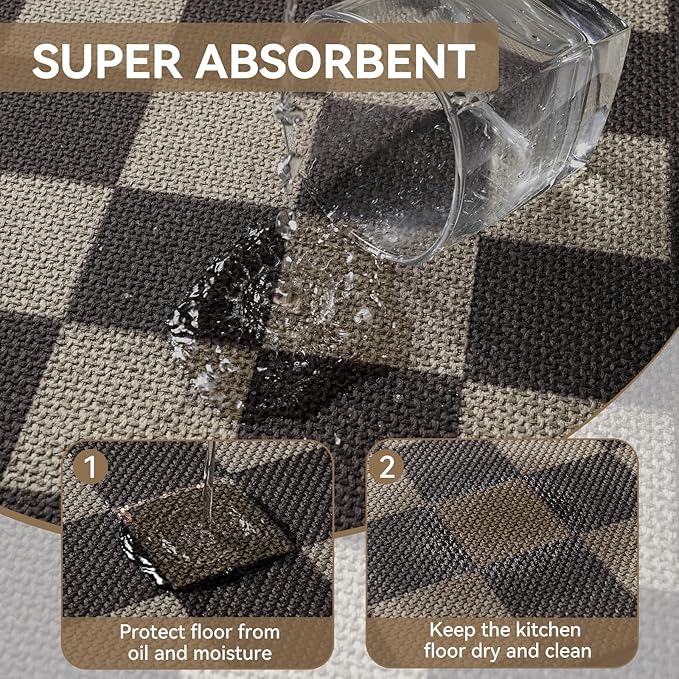 Kitchen Mats for Floor Kitchen Rugs Non Slip Washable, Super Absorbent Linen-Look Woven Kitchen Runner Rug, Sink Mat Standing Mat, Easy Clean, Black Beige Checkered 17"x47"