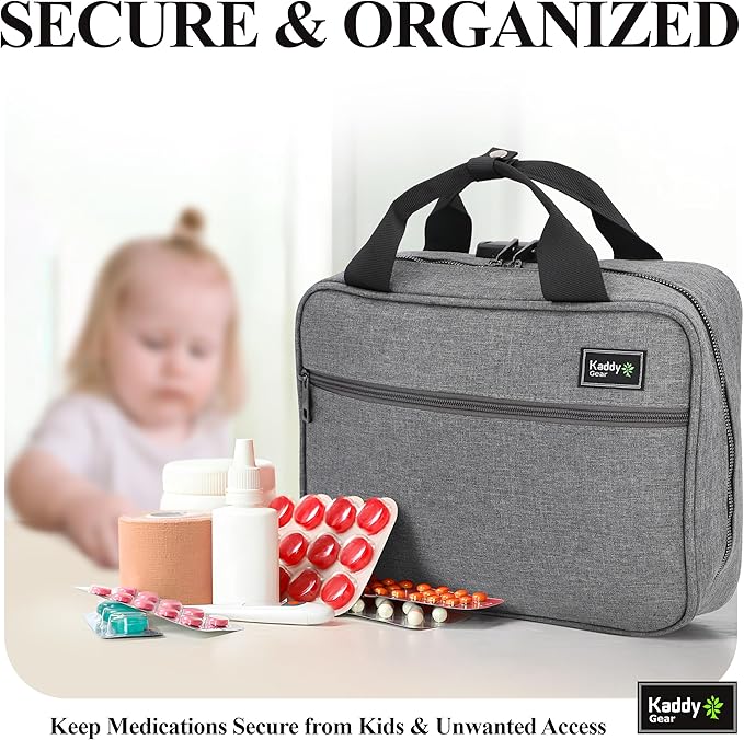 Kaddy Large Medicine Bag, Secure, Padded, Pill Organizer Box, Case for Bottles of Medicine or Supplements; Storage; Toiletry; 3 Digit Lock, Grey