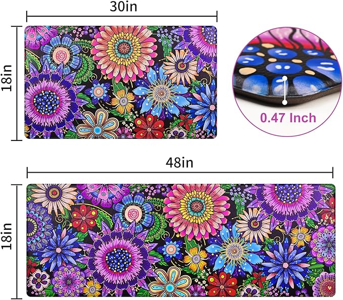 Likiyol Boho Kitchen Rugs Boho Floral Anti Fatigue Kitchen Mat for Floor Bohemian Flowers Non Slip Washable Kitchen Floor Mats, Comfort Standing Mat, 18''x30''+18''x48'', 0.47" Th, Purple