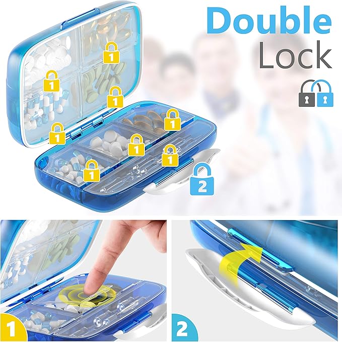 Moisture Proof Pill Sorter Organizer Box Dispenser Home Supplement Holder Portable Vitamin Jumbo Size 8 Compartment Airtight Travel Pill Container Daily Medicine