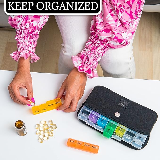 Made Easy Kit Pill Case Large 7-Day / 28 Compartments in Neoprene Carrier with Storage Pill Box in Daily in Morn, NOON, EVE, Bed a Weekly Vitamin, Medicine, Capsule Organization (Black)