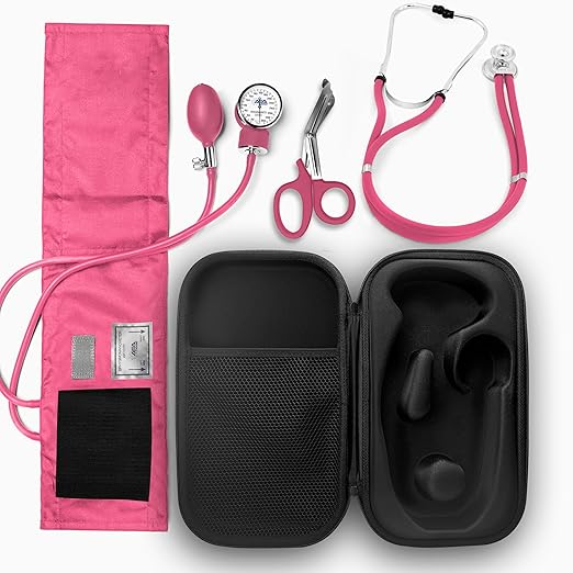ASA TECHMED Medical Starter Kit – Stethoscope, Durable Blood Pressure Monitor, EMT Shears & Protective Carrying Case – Ideal for Healthcare Students & Professionals, Pink