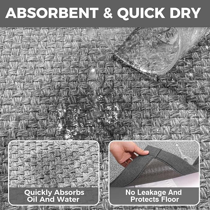 Kitchen Runner Rugs Non Slip Washable Anti Fatigue, Super Absorbent 0.4" Thick Cushioned Long Kitchen Mats for Floor, Jute-Look Sink Floor Mat Laundry Standing Mat, Easy Clean, Gray 17"x59"