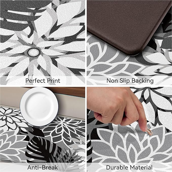 Kitchen Mats for Floor 2PCS Cushioned Anti Fatigue Kitchen Mats Waterproof Non Slip Kitchen Mat Rug Set Comfort Foam Standing Mat for Sink, Laundry, Office, Black White