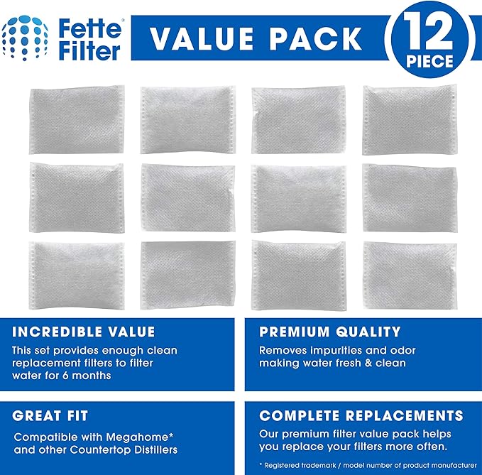 Fette Filter - Countertop Distillers Water Filters Compatible with Megahome and Other Counter Top Water Distiller Models - Pack of 12