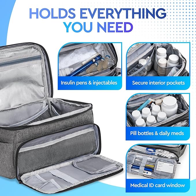 Medicine Bag with 7-Day Pill Organizer & Medical ID Card | Insulin Cooler Travel Case & Med Bag with Temp Control & Zipper Pouch for Injectables | Cold Storage Medicine Organizer