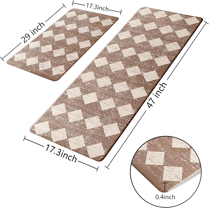 Khaki Beige Moroccan Trellis Checkered Kitchen Rug Sets [2 PCs], Anti-Fatigue, Waterproof Non-Slip Kitchen Mats Heavy Duty Ergonomic Comfort Foam Rug for Floor, Home, Laundry,17"x29"+17"x47"