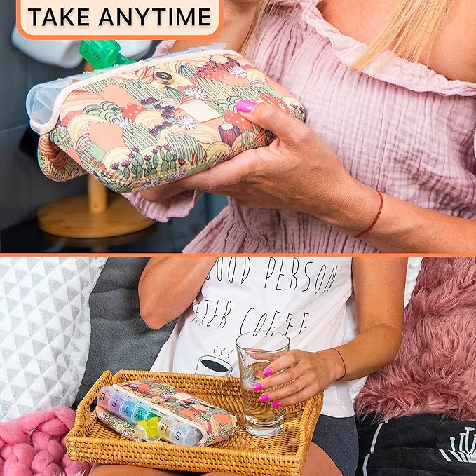 Made Easy Kit Pill Case Large 7-Day / 28 Compartments in Neoprene Carrier with Storage Pill Box in Daily in Morn, NOON, EVE, Bed a Weekly Vitamin, Medicine, Capsule Organization (Khaki Desert Cactus)