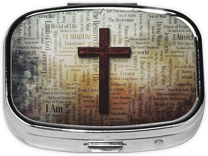 Blessed Pill Box-2 Compartment Small Pill Case Square Organizer Case with Mirror Portable Metal Medicine Box Travel Container for Pocket & Purse Women Men(Jesus Cross)