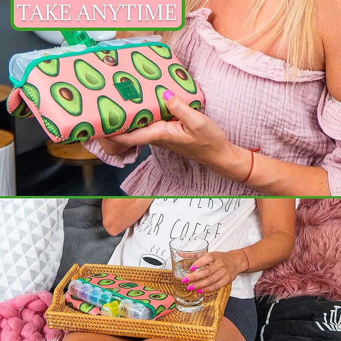 Made Easy Kit Pill Case Large 7-Day / 28 Compartments in Neoprene Carrier with Storage Pill Box in Daily in Morn, NOON, EVE, Bed a Weekly Vitamin, Medicine, Capsule Organization (Green Pink Avocado)