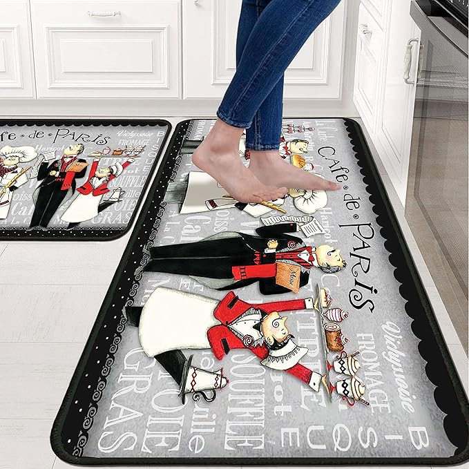 Black Fat Chef Kitchen Rugs 2 Piece Set for Floor Mat, Non Skid Washable Absorbent Microfiber Fat Chef Kitchen Mat for in Front of Sink for Standing for Home Fat Chef Kitchen Decor 17"X30"+17"X47"