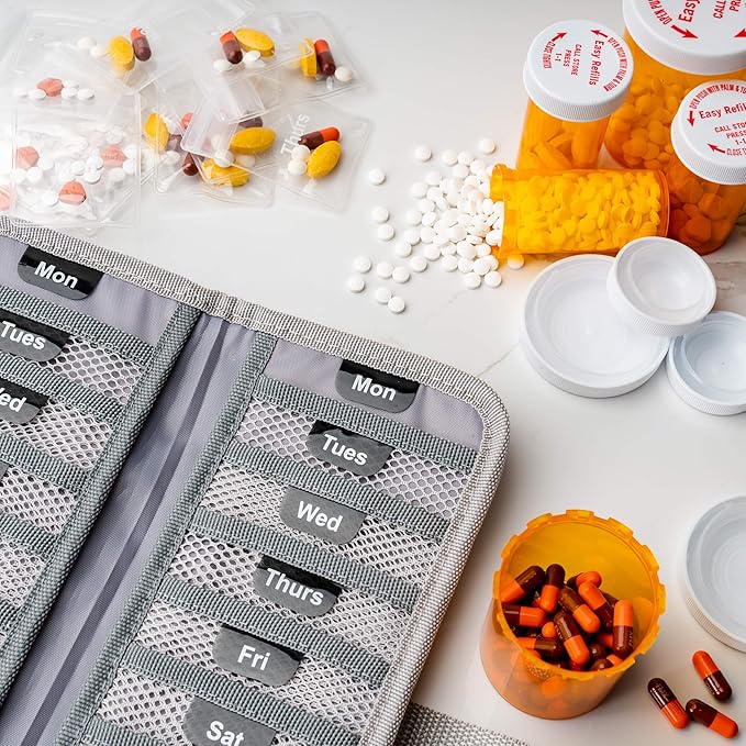 AM/PM Bi-Folding Pill Organizer + Supplement Case for OTC Medicine, Prescription + Vitamins - 14 Labeled Monday-Sunday Slide Lock Pouches, Grey Travel Pill Case