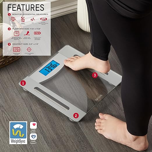 Taylor Smart Weight Tracking Scale with Precision Hub App for Body Weight with Smart App Connectivity, 400 lb Capacity, Glass & Silver Platform, Blue Backlit Display, Sync with 3rd Party App, Clear