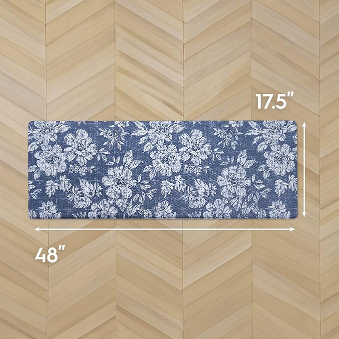 Laura Ashley - Anti-Fatigue Kitchen Mat, Iris Floral Design, Stain, Water & Fade Resistant, Cooking & Standing Relief, Non-Slip Backing, Measures 17.5" x 48", Navy Iris