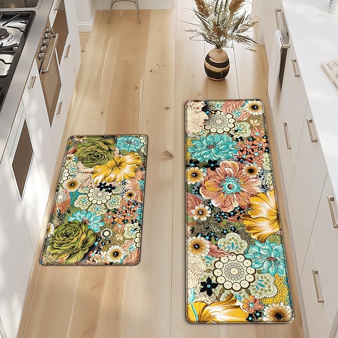 Kitchen Mats for Floor Cushioned Anti Fatigue Sets of 2 Boho Floral Kitchen Rugs Non Slip Waterproof Memory Foam Kitchen Floor Mats Padded Comfort Standing Mat Rug for Sink Laundry Office