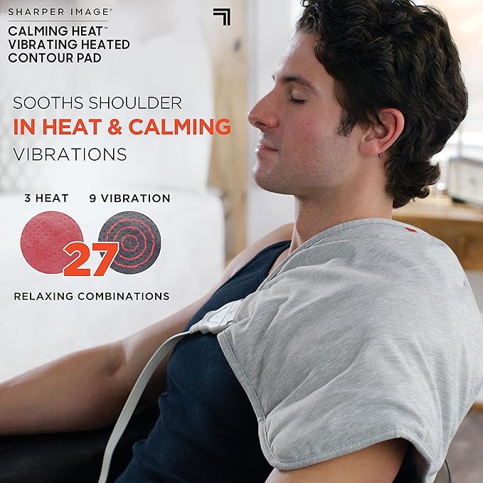 Calming Heat Vibrating Heating Contour Pad by Sharper Image- Weighted Electric Heating Pad with Massaging Vibrations, 12 Settings- 3 Heat, 9 Massage- 27 Relaxing Combinations, 14.5” x 14.5”, 4 lbs