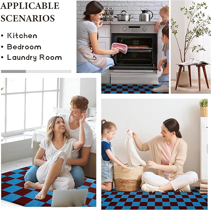 Peacock Blue Checkered Grid Checkerboard Kitchen Rug Sets [2 PCs], Anti-Fatigue, Waterproof Non-Slip Kitchen Mats Heavy Duty Ergonomic Comfort Foam Rug for Floor, Home,17"x29"+17"x47"