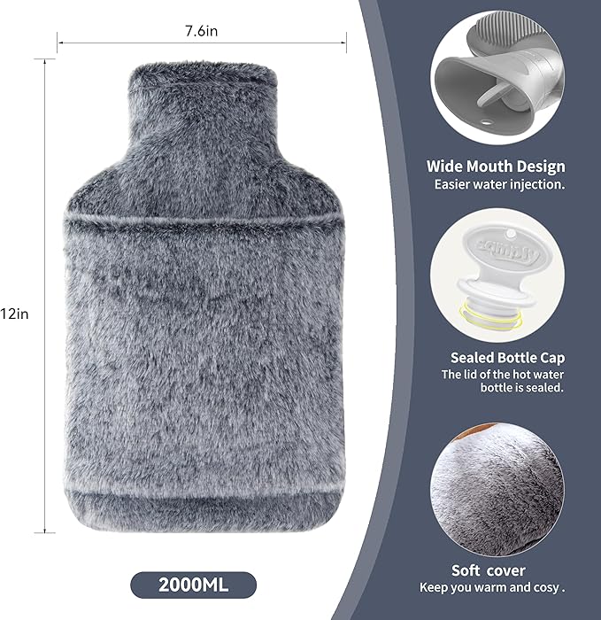 samply Hot Water Bottle with Cover - 2L Hot Water Bag with Hand Pocket, for Hand Feet Warmer, Black