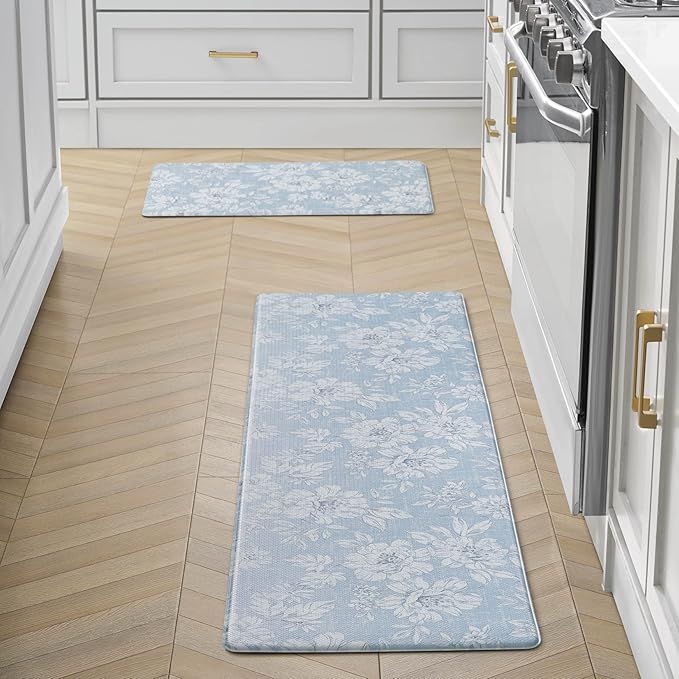 Laura Ashley - Anti-Fatigue Kitchen Mat, Iris Floral Design, Stain, Water & Fade Resistant, Cooking & Standing Relief, Non-Slip Backing, 2 Piece Set: 17.5" x 60" / 17.5" x 28" Light Blue Iris