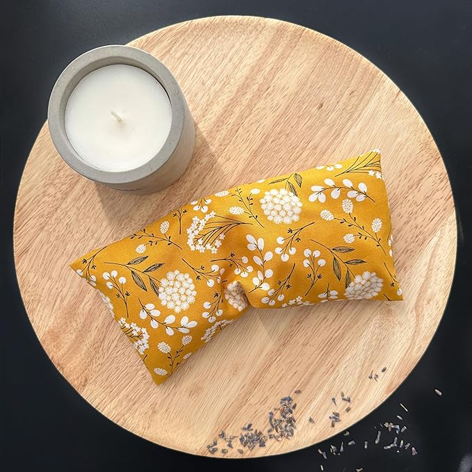 100% USA Handmade, Washable Cotton Eye Pillow 9", Moist Heat Eye Compress, Hot/Cold Rice & Lavender Therapy Pack (Mustard Floral, Lavender + Rice)