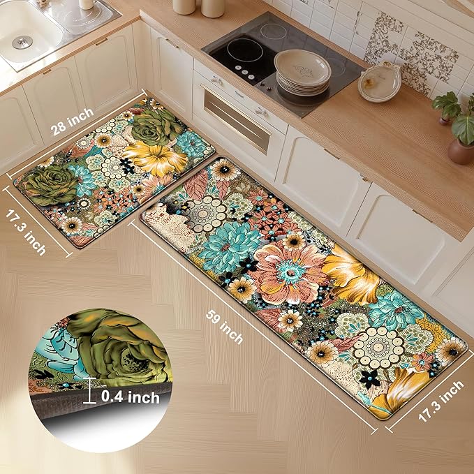 Kitchen Mats For Floor Cushioned Anti Fatigue Sets of 2 Boho Floral Kitchen Rugs Non Slip Waterproof Foam Kitchen Floor Mats Padded Comfort Standing Mat Rug For Sink Laundry Office, 17.3x28+17.3x59