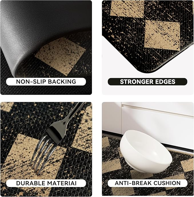 Black Brown Moroccan Trellis Checkered Kitchen Rug Sets [2 PCs], Anti-Fatigue, Waterproof Non-Slip Kitchen Mats Heavy Duty Ergonomic Comfort Foam Rug for Floor, Home, Laundry,17"x29"+17"x47"