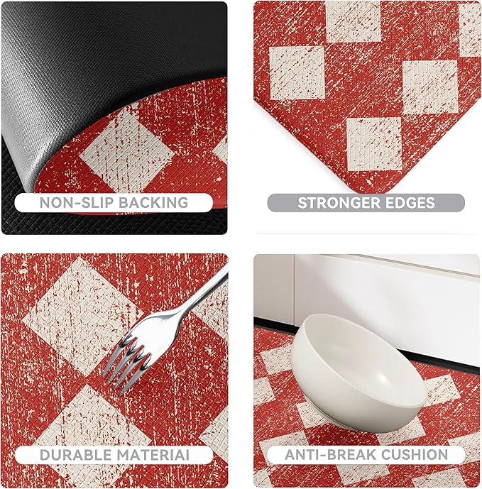 Moroccan Trellis Red Checkered Kitchen Rug Sets [2 PCs], Anti-Fatigue, Waterproof Non-Slip Kitchen Mats Heavy Duty Ergonomic Comfort Foam Rug for Floor, Home, Laundry,17"x29"+17"x47"