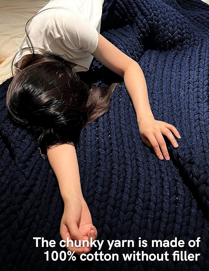 YnM 100% Cotton Weighted Blanket, Handmade Chunky Knitted Throw, No fillers Design, Soft and Breathable, Machine Washable Bed Blanket for Sleep or Home Decor (Navy Blue, 48x72 Inch, 20lbs)