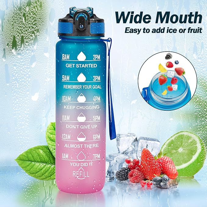 Motivational Water Bottle with Time Marker - 32oz, Leak-proof BPA Free Sports Water Bottles with Straw & Carrying Strap