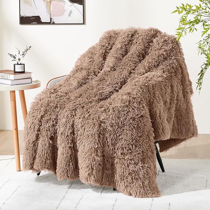 Cottonblue Weighted Blanket 15 lbs for Adults Queen Size, Luxury Sherpa Faux Fur Reversible Plush Weighted Blankets Throw 60x80 in, Snugly Long Fur Warm Heavy Blanket for Couch Sofa Bed, Brown/Khaki