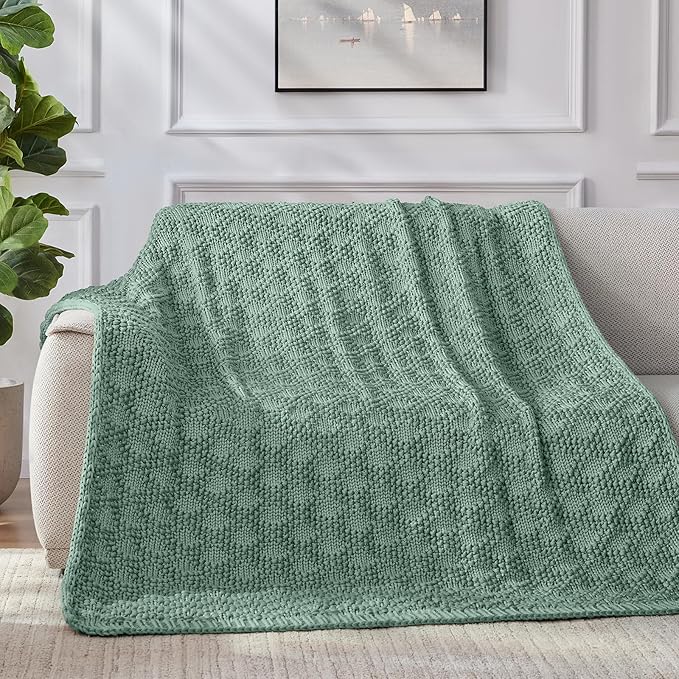 Knitted Weighted Blanket for Adult, Chunky Knit Weighted Throw for Sleep 50"*60" 5lbs, Cooling Breathable Heavy Blanket for Hot Sleepers, Machine Washable Blanket for Room Decor(HazeGreen)