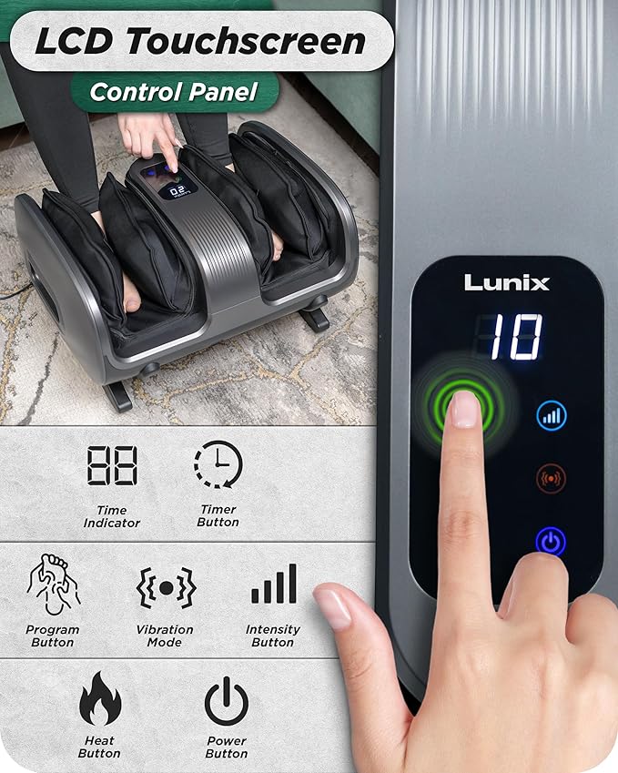 Lunix LX20 FSA Foot and Calf Massager for Plantar Fasciitis, Neuropathy Relief, Adjustable Leg Ankle Deep Kneading Shiatsu Therapy with Heat, Blood Circulation, Hot Cold Pockets Granite Gray