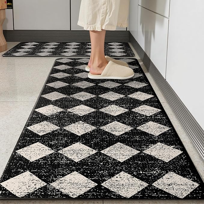 Black Beige Moroccan Trellis Checkered Kitchen Rug Sets [2 PCs], Anti-Fatigue, Waterproof Non-Slip Kitchen Mats Heavy Duty Ergonomic Comfort Foam Rug for Floor, Home, Laundry,17"x29"+17"x47"
