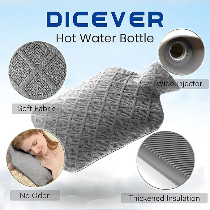 Hot Water Bottle with Soft Cover, 2L Hot Water Bag, Hot and Cold Therapies for Sore Muscles, Menstrual Cramps, Neck and Shoulder Pain Relief, Great for Women, Childs, Gray