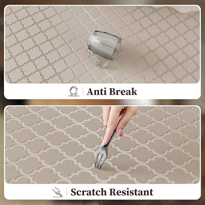 Upgrade Scalloped Embossed Kitchen Mats for Floor 2PCS Cushioned Anti Fatigue Waterproof Foam Kitchen Rugs Non Slip Washable Comfort Standing Mat for Sink Laundry,17.3"x30"+17.3"x59",Khaki