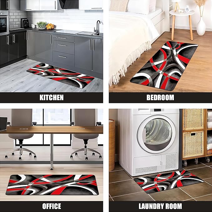 Kitchen Mats for Floor red Kitchen Rugs Modern Abstract Circle Anti Fatigue Kitchen Mats Waterproof Floor Mats Cushioned Non-Skid Standing Mats for Laundry, Office, Set of 2,17.3 x 28+17.3 x 47 Inch
